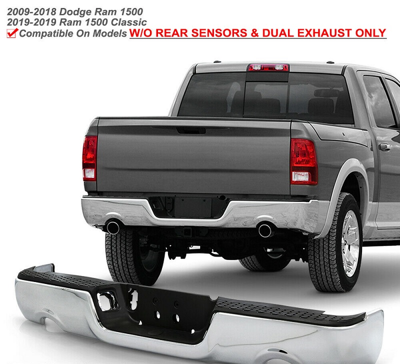 Chrome Dual Exhaust wo Sensor Rear Bumper and Caps 09-18 Ram - Click Image to Close